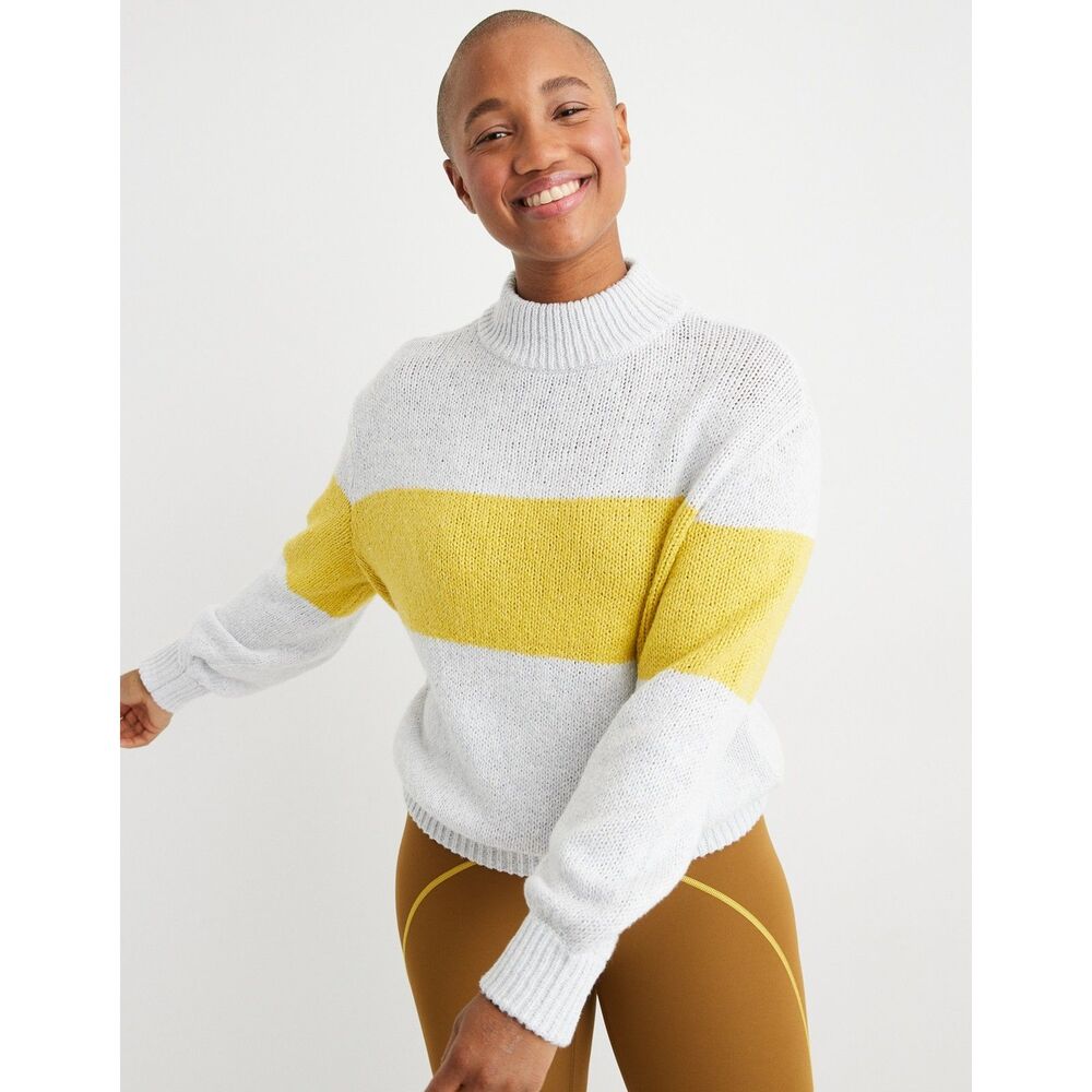 AERIE OH-SNOW-SOFT MOCK NECK SWEATER color block yellow and grey